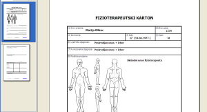 Sučelje za ispis, izgled naslovnice fizioterapeutskog kartona