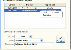 Promjena i brisanje statusa u evidenciji